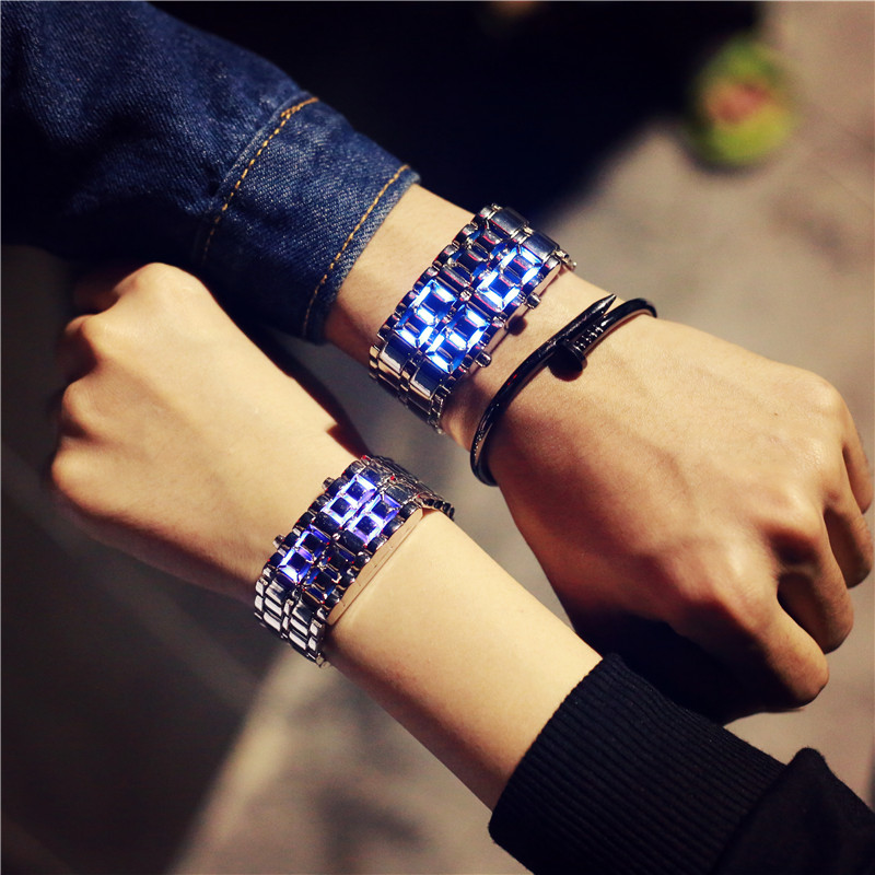 炫酷LED發光電子手表女韓版鋼帶藍光男學生夜光情侶創意個性潮表